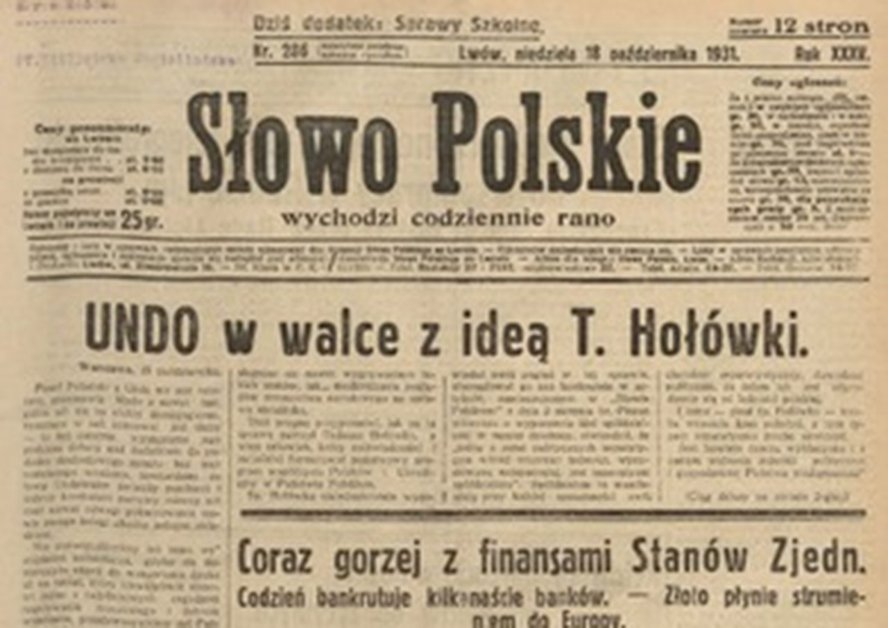 Pierwsza szpalta Słowa Polskiego wydawanego we Lwowie. 18 października 1931 r.