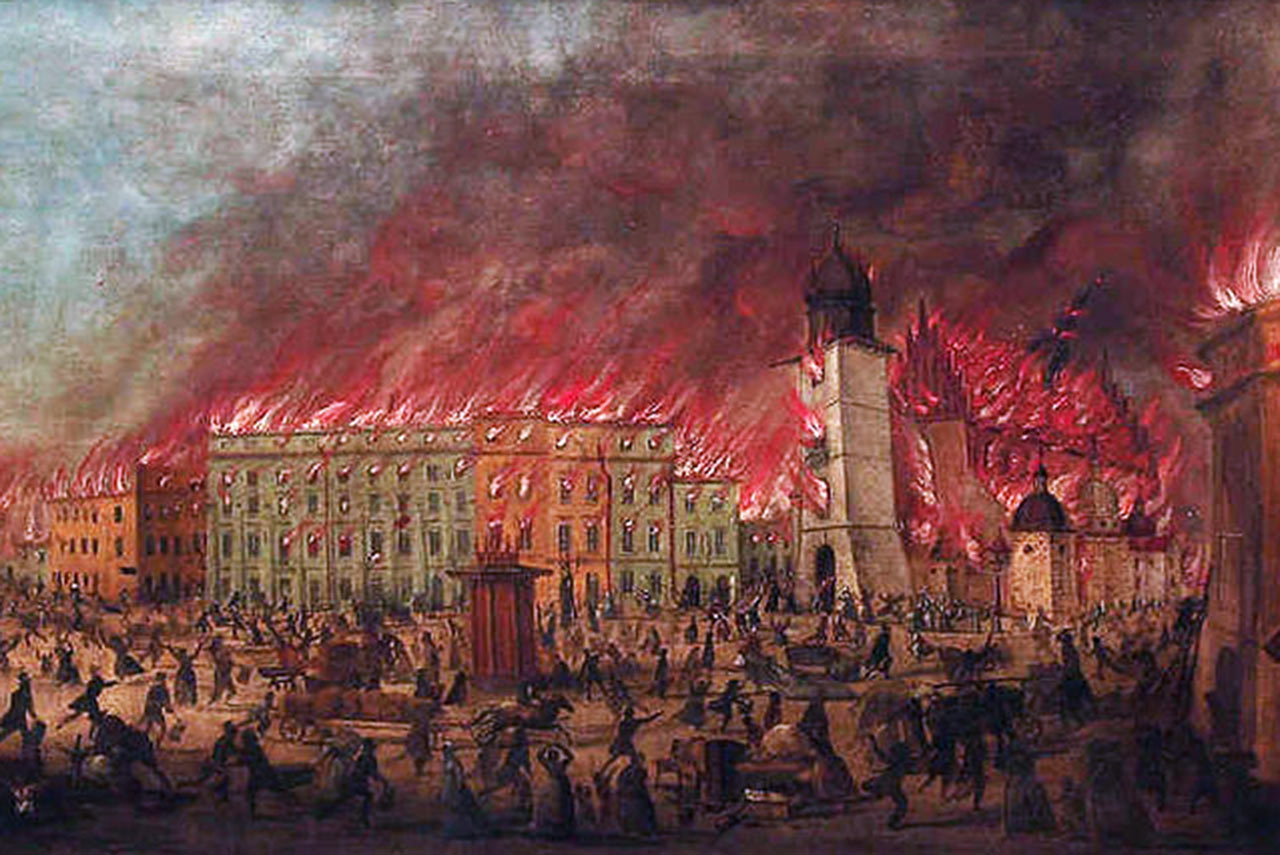 Pożar Krakowa w 1850 roku. Teodor Baltazar Stachowicz, Pożar Krakowa, Rynek Główny, lipiec 1850, licencja PD, Wikimedia Commons