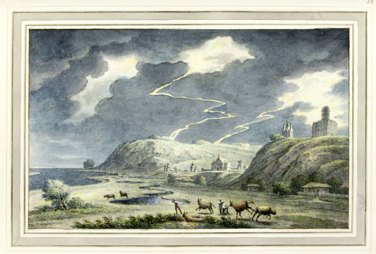 Widok Kaniowa w trakcie burzy; na wzniesieniu po prawej stronie dwie cerkwie; na pierwszym planie pasterze i rozbiegające się zwierzęta. Autor Müntz, Johann Heinrich (1727-1798) rysownik. Data wykonania – 1782 r.