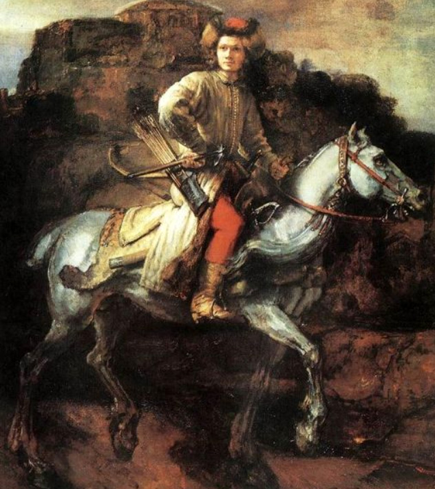 Lisowczyk Juliusza Kossaka wg obrazu Rembrandta: koń poprawiony anatomicznie, za to błąd czapki pozostał, w oryginale była mniej rozłożysta