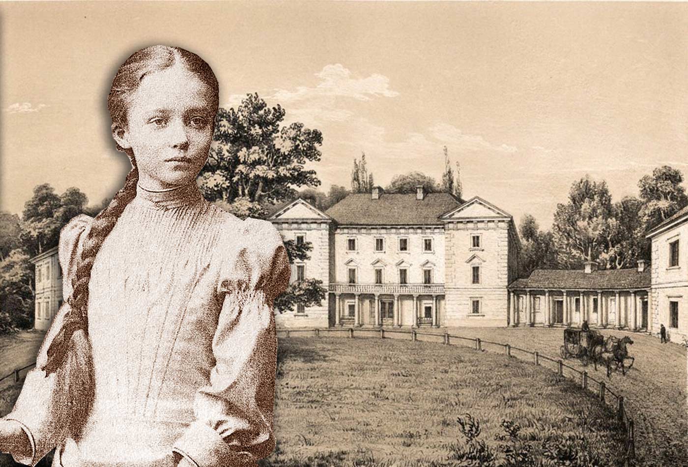 Młoda Maria Grocholska na tle ojcowskiego pałacu w Pietniczanach