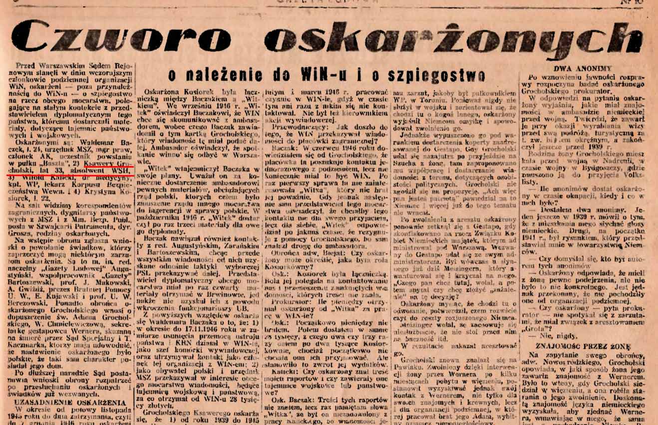 Skan gazety z czasów PRL, w której opisano proces Ksawerego hr. Grocholskiego. 