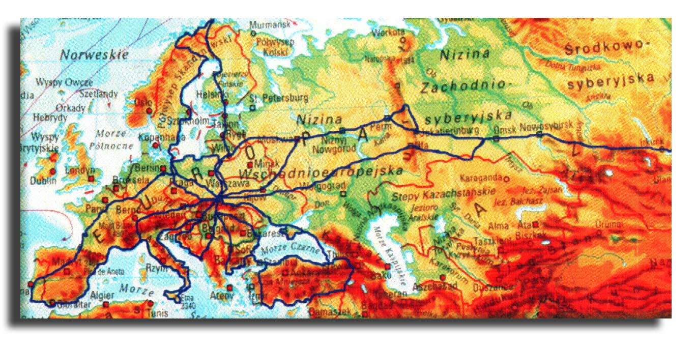 Mapa Europy i Azji z zaznaczeniem trasy, którą pokonał Pan Tomasz